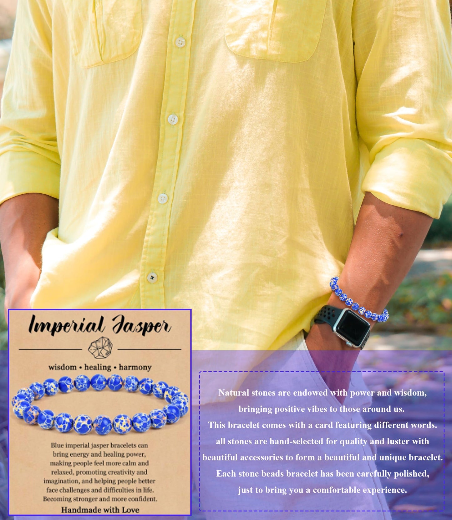 BOMAIL 9PCS Natural Crystal Bracelets for Women Men - 8mm Semi-Precious Gemstone Beaded Bracelets, Round Gemstones Stretch Bracelet, Yoga Bracelets Jewelry
