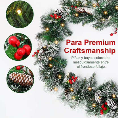 Christmas Garland with Lights - 9FT Pre-Lit Flocked Garland with 50 LED Bulbs, Red Berries, Pine Cones, Artificial Pine Battery Operated Garland for Fireplace, Staircase, Indoor & Outdoor Decoration