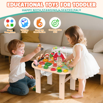 Weilim Montessori Activity Table for 1 Year Old — Wooden Sensory Table Baby Activity Center with Bead Maze, Shape Sorter, Train Track, Farm Toddler Toy, Educational Standing Play Toys, Kids 12+ Months