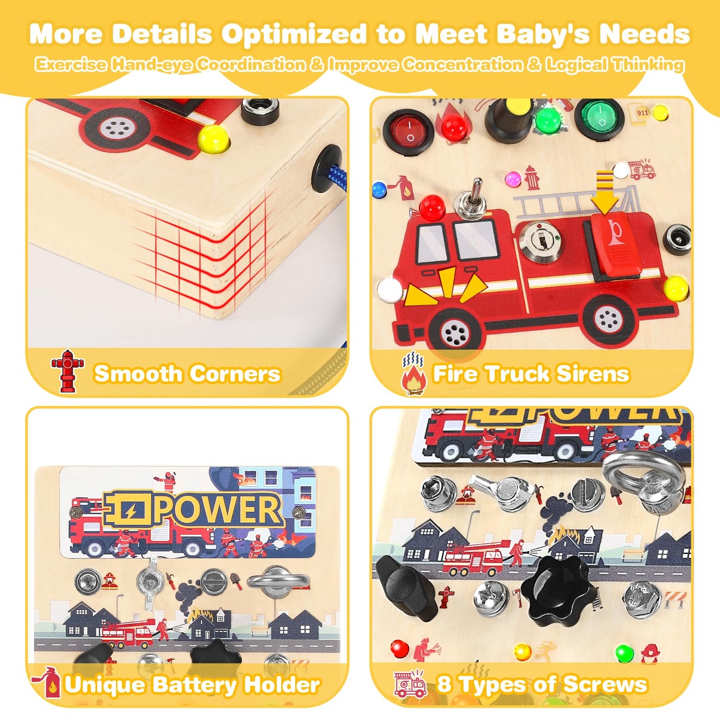 Busy Board for Toddlers 1-3 Montessori Toys - 2 in 1 Wooden Sensory Toys with LED Light Switches & Screwdriver Board - Fire Truck Toddler Learning Toy for 2 3 4 Year Old Boy Girl Car Plane Travel
