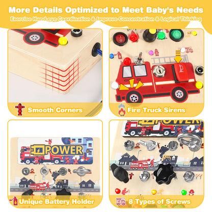 Busy Board for Toddlers 1-3 Montessori Toys - 2 in 1 Wooden Sensory Toys with LED Light Switches & Screwdriver Board - Fire Truck Toddler Learning Toy for 2 3 4 Year Old Boy Girl Car Plane Travel