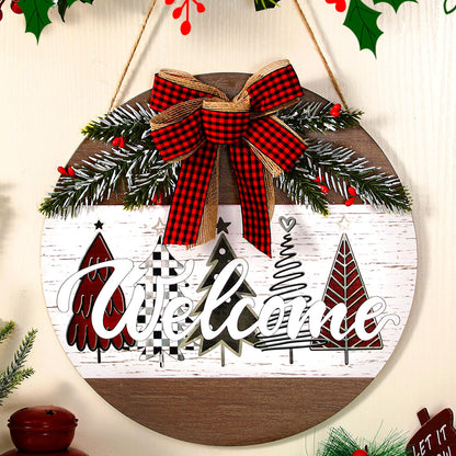 Boao Christmas Door Wreath Merry Christmas Welcome Hanging Wall Sign for Front Door 11.8'' Round Xmas Tree Winter Wreath Wooden Porch Sign with Bow Porch Farmhouse Home Wall Decor(Novel)