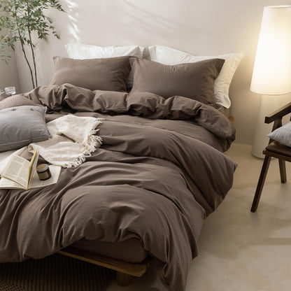 BDEAR 3 Pieces Light Chocolate Brown Duvet Cover Set Queen Size 90'' L x 90'' W, 100% Washed Cotton Duvet Cover with Zipper Closure Plus 2 Pillowcases, Oeko TEX Standard Certificated