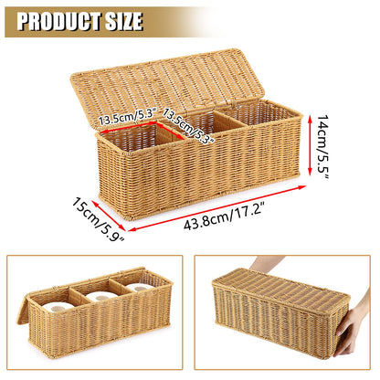 Sumnacon Wicker Storage Basket with Lid, Rectangular Narrow Baskets for Bathroom, Farmhouse Imitation Rattan Bin with Dividers, Decorative Handwoven Tray Organizer for Countertop Shelves Toilet Tank
