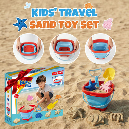 Cozycharm Beach Sand Toys Set for Toddlers, Portable Travel Beach Toys with Collapsible Bucket, Shovel, Rake, 3 Molds & Mesh Storage Bag for Kids, Summer Gift