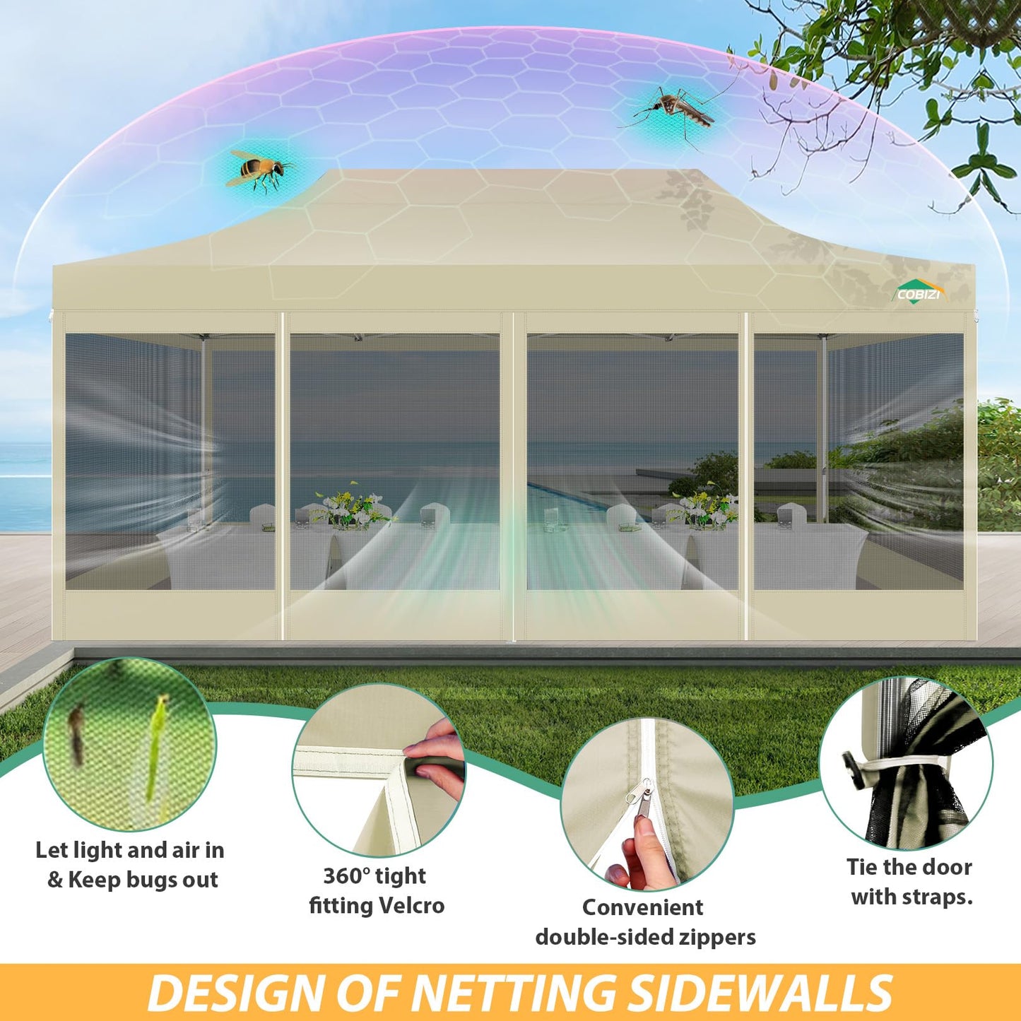 COBIZI 10x20 Canopy Tent with 6 Sidewalls,Heavy Duty Pop up Canopy with Mosquito Netting,Easy up Screen Tent for Parties Wedding Outdoor Patio with Roller Bag,Khaki
