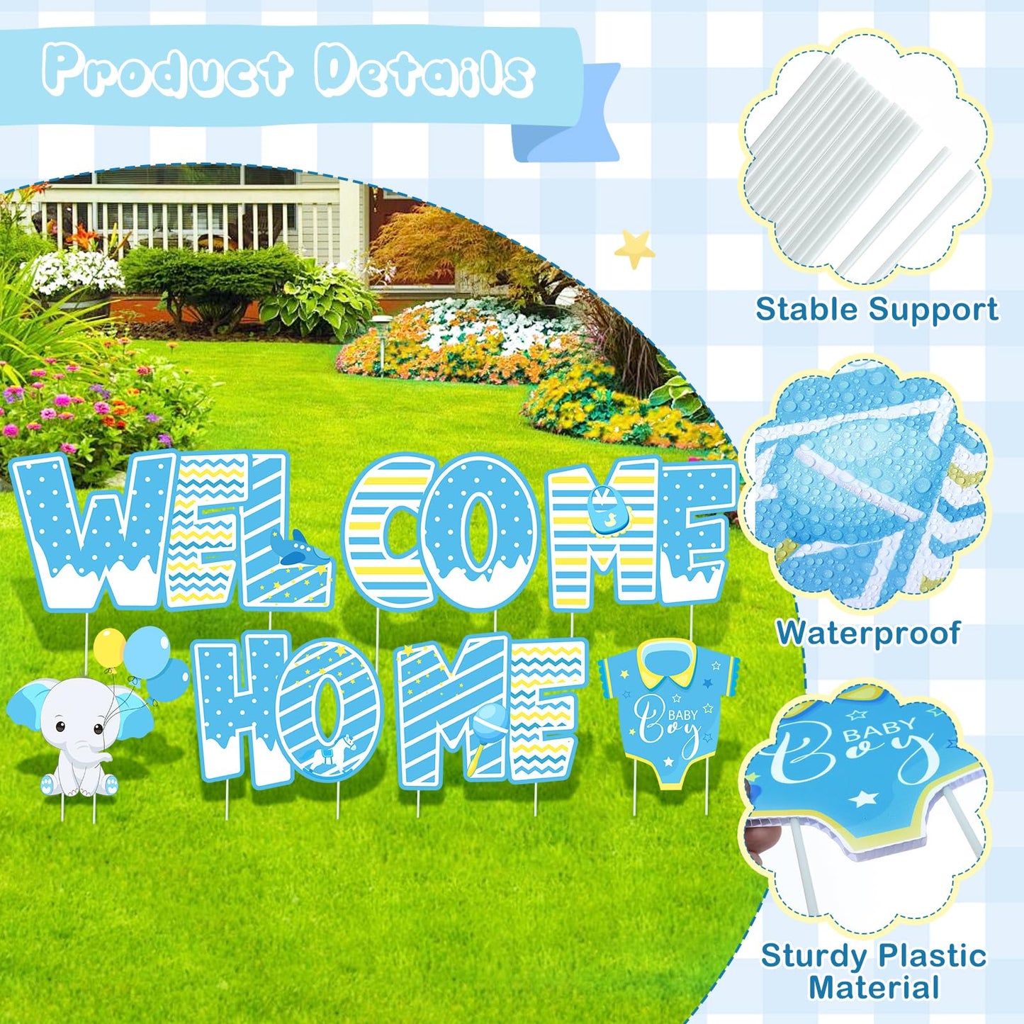 Welcome Home Baby Boy Decorations 7 Pieces Welcome Boy Yard Sign with Stakes Blue Gender Reveal Lawn Sign for Baby Shower Party Supplies Newborn Announcement Outdoor Lawn Garden Yard Decor