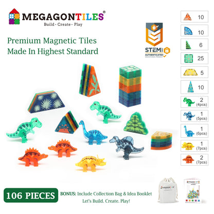 MEGAGONTILES Dinosaur Magnetic Tiles Set 106PCS | STEM-Authenticated Magnet Building Blocks with Dinosaur Animals | Educational Construction Toy for Toddlers & Kids Ages 3–8 (Boys & Girls)