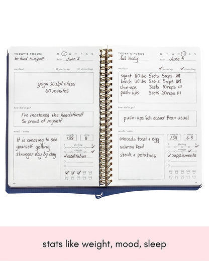Kunitsa Co. Fitness Journal for Women - Track Workouts, Meals, and Weight Loss, Undated, Fits 120 Workouts, Dusty Blue, 6 x 8.5 Inches