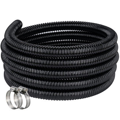 Pond Hose ID 1/2” × 25ft Black Corrugated Flexible Reinforced PVC Hose Vinyl Tubing for Pond Pump Fountain Garden Waterfall, Non-toxic & Kinkproof, with 2 clamps