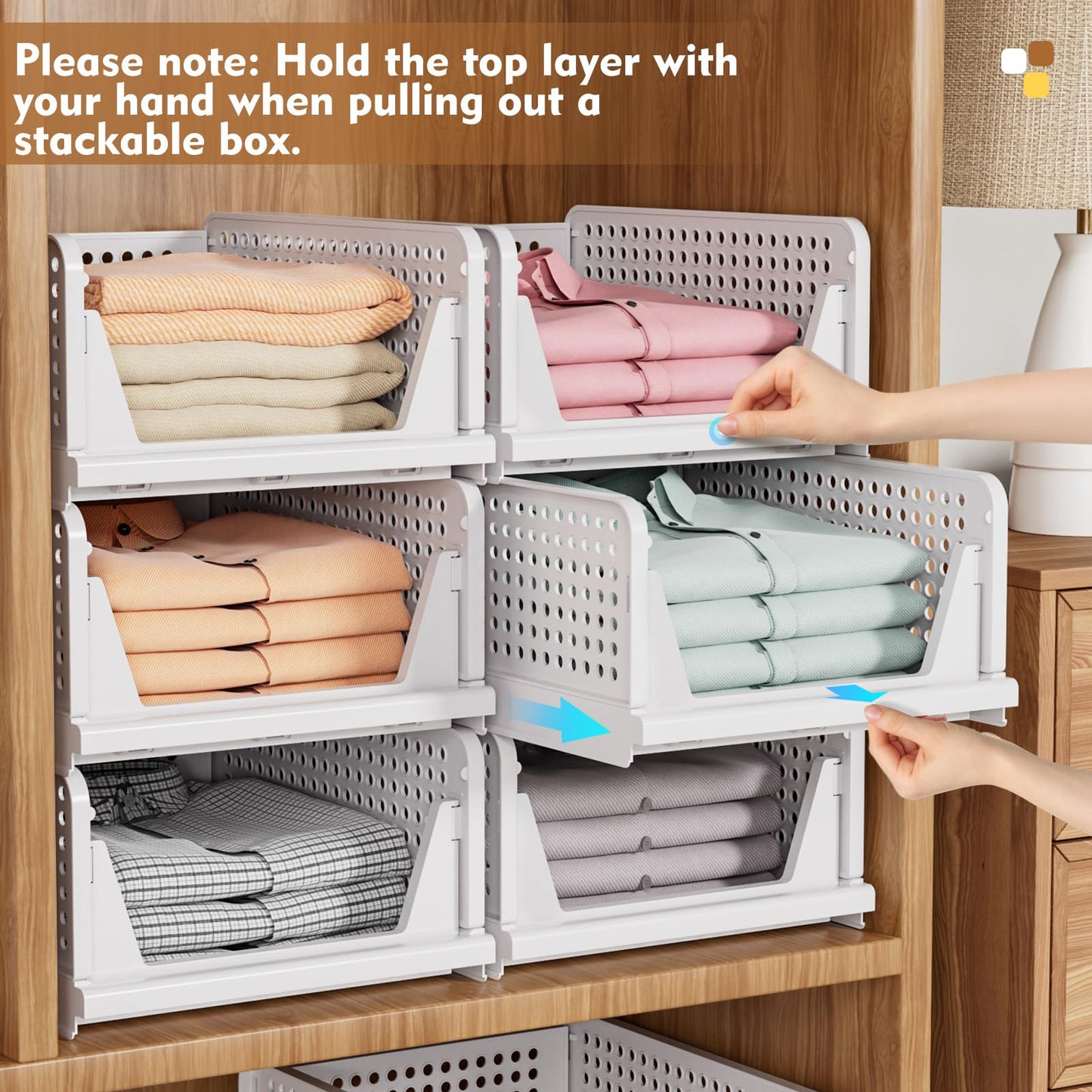 SNSLXH 5 Pack Stackable Closet Storage Basket, Multifunctional & Foldable Closet Organizer for Bathroom Kitchen Laundry Room Wardrobe Storage, Space-Saving Clothes Storage Drawer Organizer, White