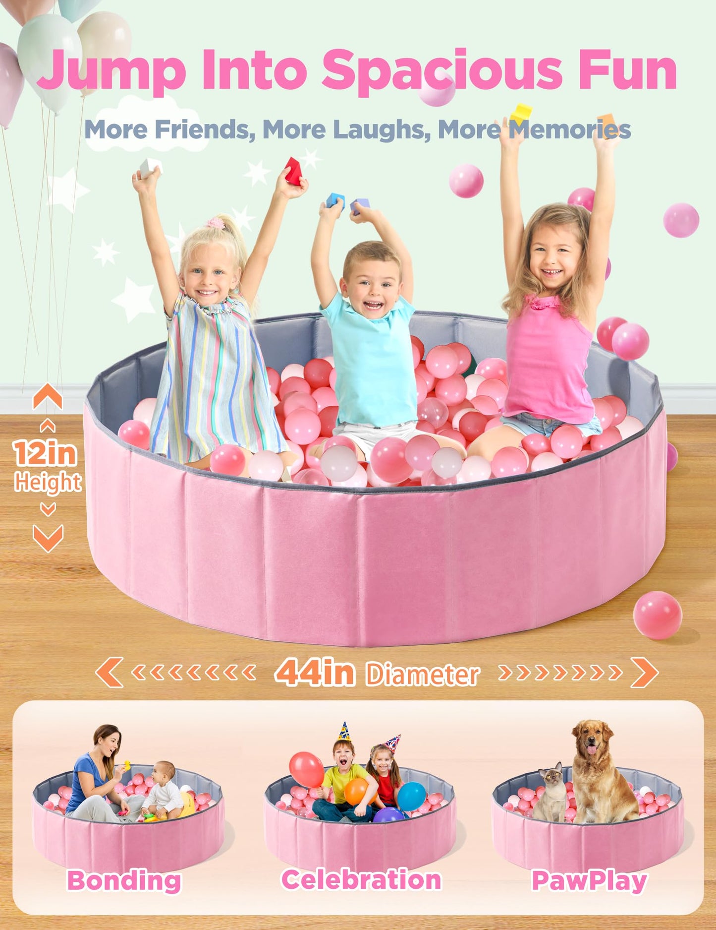 Hikiddy Large Ball Pit for Toddlers - 44 in Baby Ball Pit with Pop-Up Playmat, Foldable Kids Ball Pool, Dog Play Pit, Indoor and Outdoor Use, Hold Over 1000 Balls, Balls Not Include (Pink)
