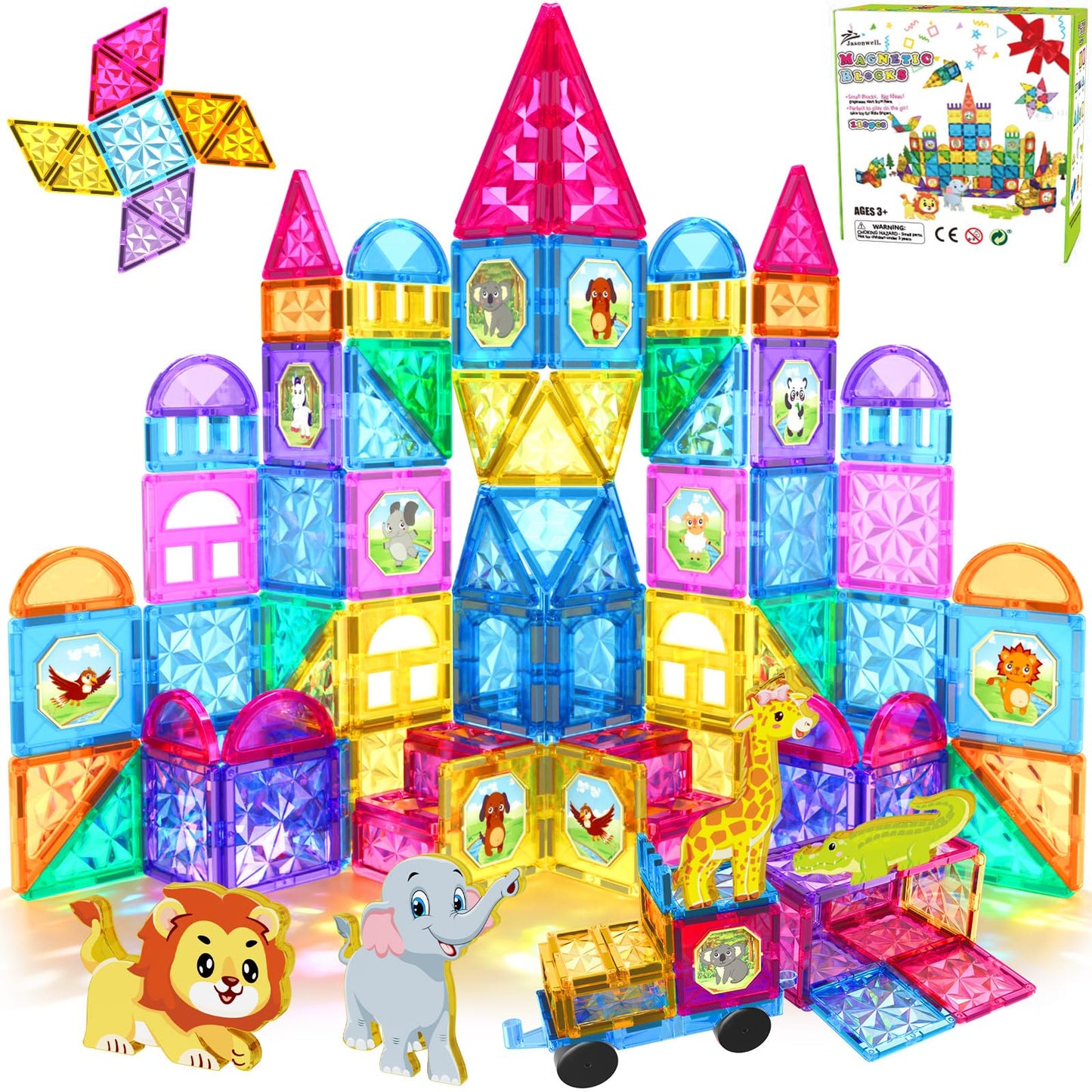 Jasonwell Magnetic Tiles Kids Magnetic Blocks 110PCS Building Sets 3D Magnet Toys Preschool Educational Construction STEM Toy Christmas Birthday Gifts for Toddlers Boys Girls 3 4 5 6 7 8 9 + Year Old