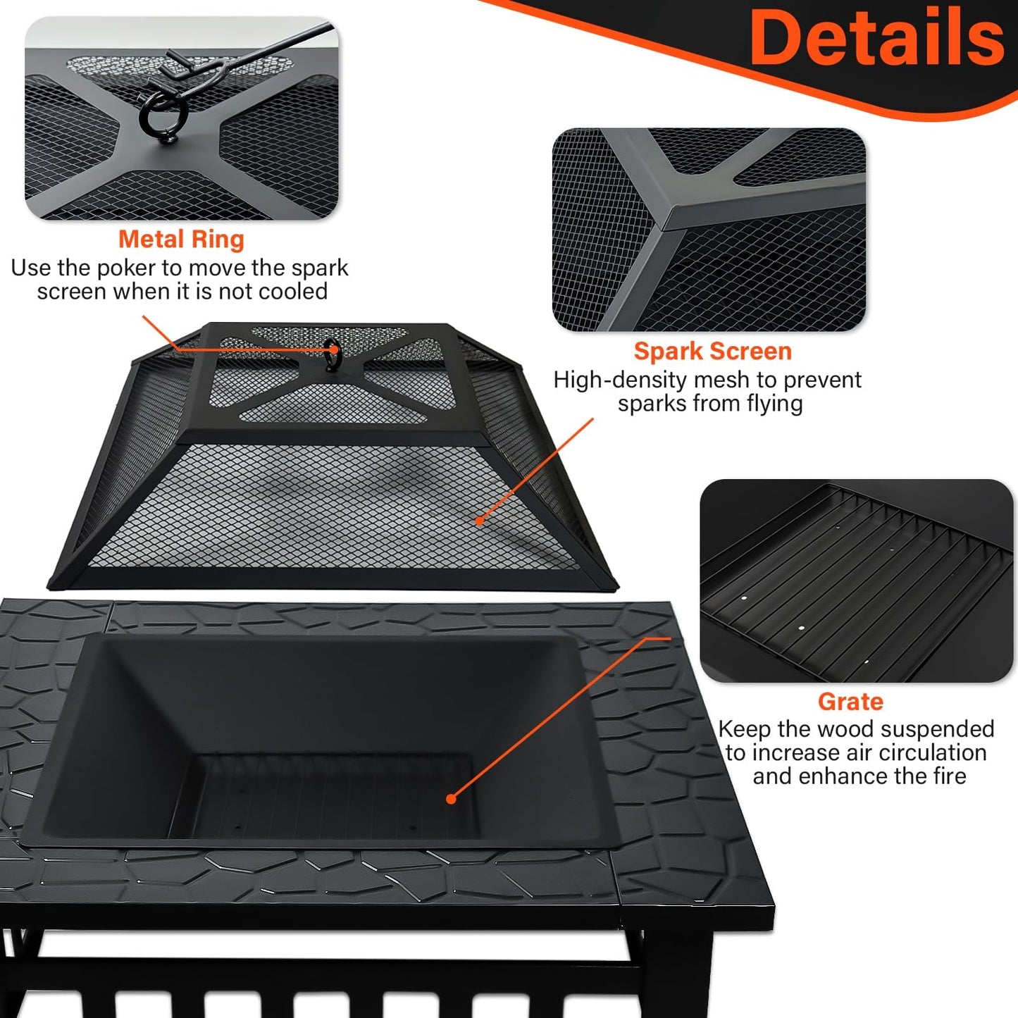 Quilushey 32 Inch Fire Pit Table with Fire Poker & Spark Screen, Outdoor Burning Fire Pits, 3 in 1 Metal Square Firepit Stove for Outside Heating, Bonfire Party, Camping, Patio, Garden