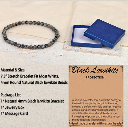 LPBeads Handmade Natural Gemstone Stretch Elastic 4mm Black Larvikite Bracelet Healing Crystal Round Stone Beads Jewelry Gifts for Women Men