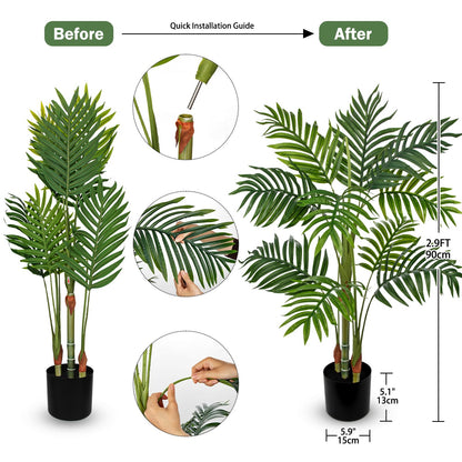Hollyone Fake Palm Tree Decor 3FT with Planter Artificial Palm Tree Faux Tropical Areca Floor Plant in Pot with 3 Textured Trunks Silk Plant for Home Garden Outdoor Indoor Office Decor