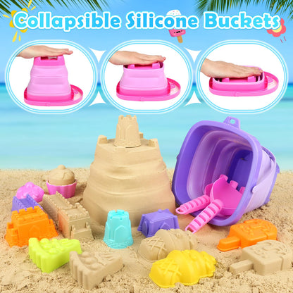 Dreamon Collapsible Beach Toys Set for Kids 3-10, Collapsible Sand Bucket with Beach Molds and Mesh Bag, 2 Pack Shovels Set Ice Cream Sand Toys for Beach, Sandbox Travel Toys for Kids Toddlers Girls