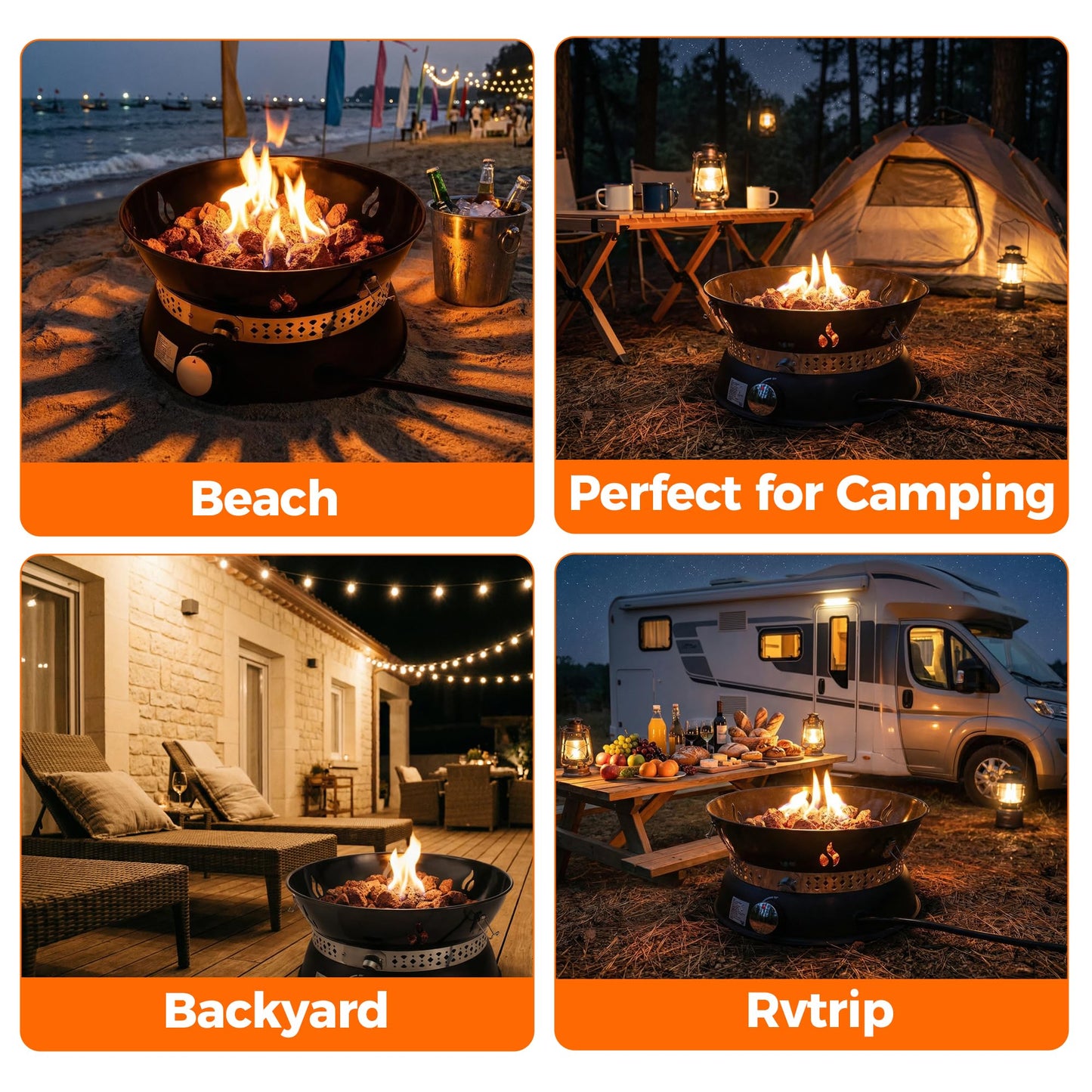 19" Propane Gas Fire Pit with Auto Flame-Out Gas Shut-Off, Portable with Lid & Carry Handle, 58,000 BTU, 10 FT Hose, 8 lb Lava Rocks for Camping, RV, Patio, Backyard,Propane Fire Pit for Camping