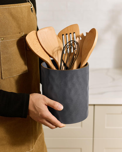 famiware Ocean Utensil Holder, 7.2"+5.8" Ceramic Kitchen Utensil Holder for Countertop, 2 Pieces Cooking Utensil Crocks, Utensil Organizer for Spatula & Spoon, Kitchen, Set of 2, Matte Dark Charcoal