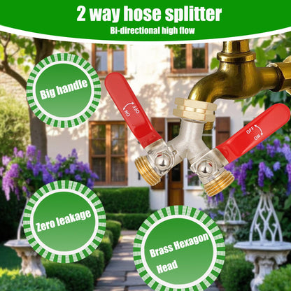 EJW Hose Splitter 2 Way, Garden Hose Splitters, Heavy Duty Faucet Splitter,Rv Brass Water Hose Y Splitter, Double Hose Connector, Spigot Splitter, Two Way Hose Manifold Valve 3/4 Inch GHT Thread.