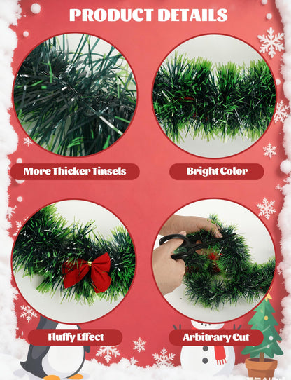 Christmas Tinsel Garland with Light Green Tips (Total 29.7FT) and 27 Red Bows, Festive Pine Garland for Staircase Fireplace Mantle Xmas Tree and Home Party Decor (9.9FT * 3PCS)