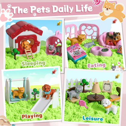 KNASON Cat and Dog Sensory Bin,Play Sand Kit for Girls and Boys with 2.2lbs Sensory Sand and Sand Box,Pet Sandbox Toys Role Pretend Play Beach Toy Birthday Present for Toddler Ages 3 4 5 6 7 8