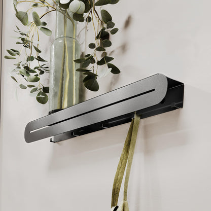 Hidden Coat Rack Wall Mount with Floating Shelf and Metal Hooks for Hanging Clothes or Towels, Modern Heavy Duty Black Decorative Wall Hanger for Entryway, Bathroom, Kitchen