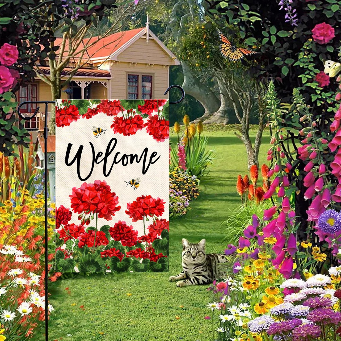 Baccessor Spring Summer Geranium Welcome Garden Flag Double Sided Summer Bee Red Floral Small Burlap Yard Flag House Seasonal Farmhouse Outside Outdoor Decoration 12.5 x 18 Inch