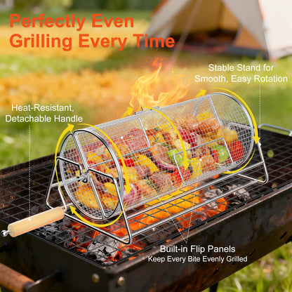 2-in-1 Rotatable Rolling Grill Basket, 304 Stainless Steel, with Removable Wooden Dual Handles & Rotating Stand, BBQ Accessories Tools for Vegetables Shrimp, Gifts for Birthday/Men/Dad/Husband