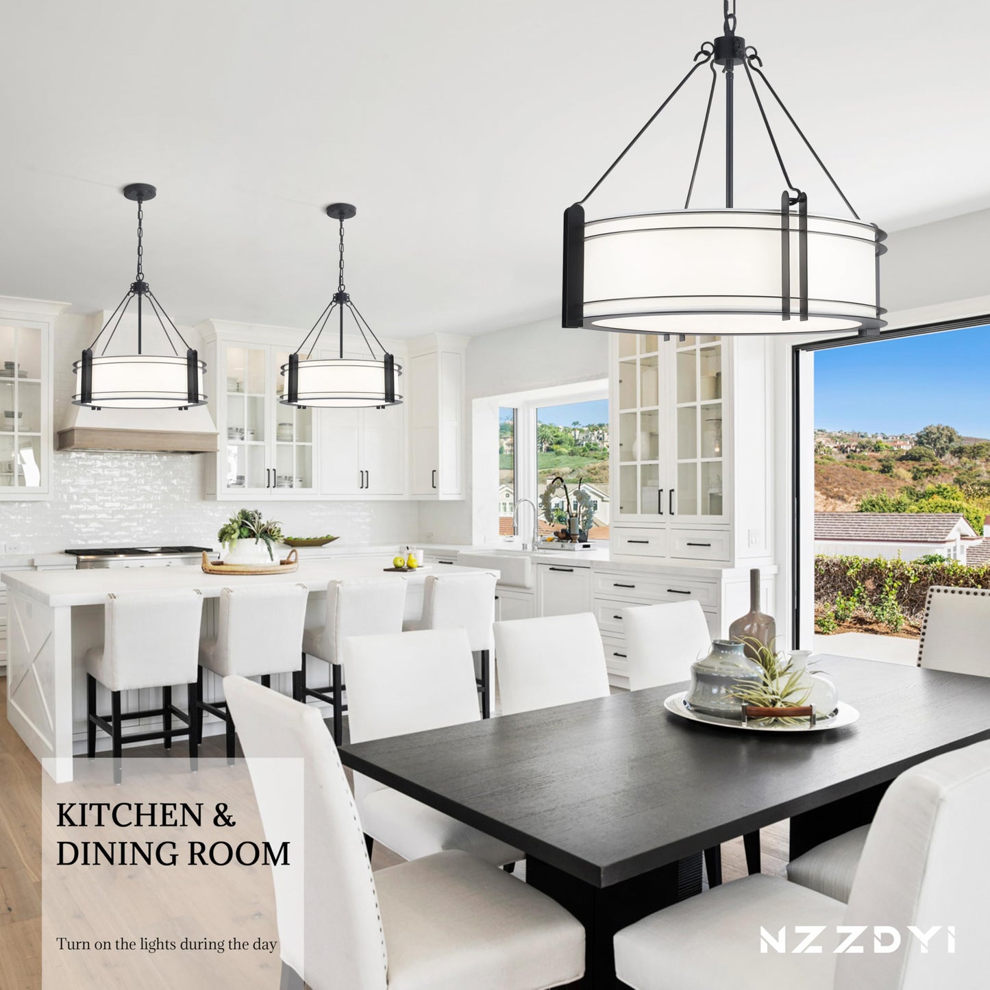 NZZDYI 20.4''Drum Chandelier,5-Light Fabric Modern Chandeliers,Black Farmhouse Round Pendant Light Fixture for Dining Room Kitchen Island Living Room Bedroom Hallway