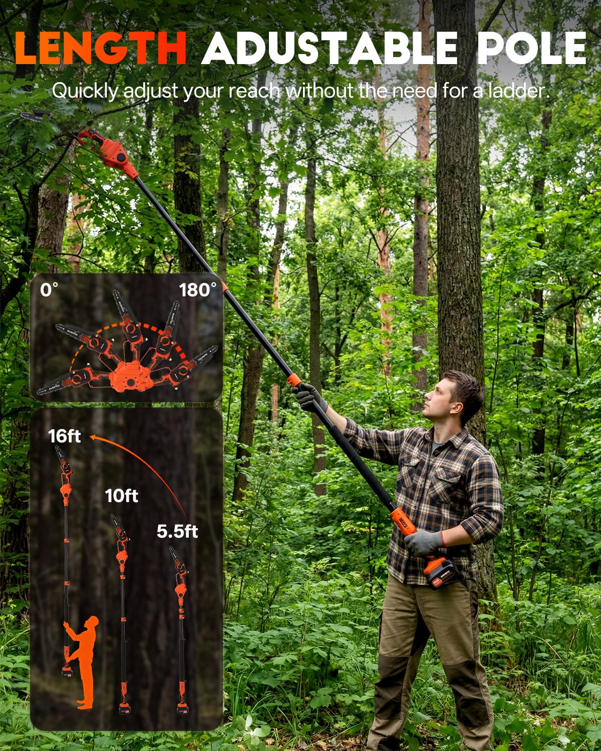 Axientro Electric Pole Saws for Tree Trimming, 2-in-1 Bruless Motor Mini Chainsaw & Pole Saw, 8-in Electric Chainsaw Cordless with Extendsion Pole, 2x4000mAh Li Batteries & Charger, 16FT Max Reach