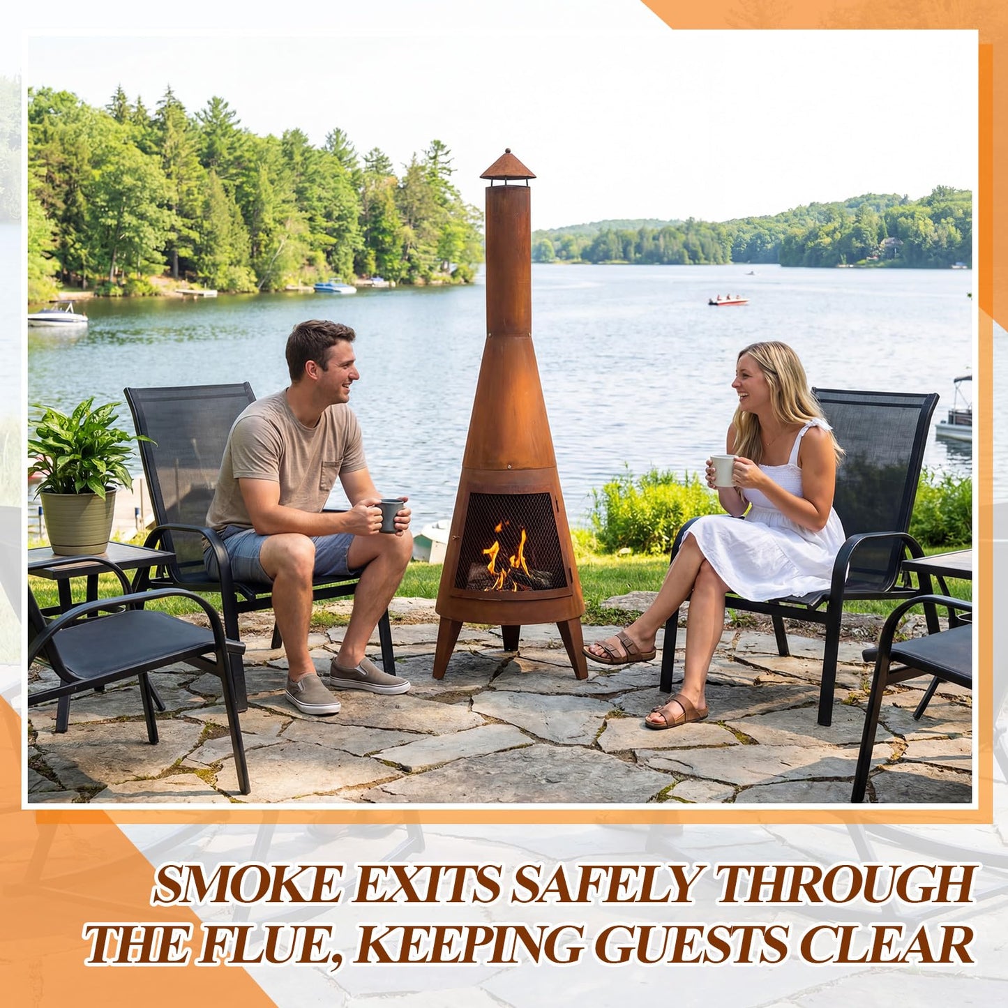 Ferrochef 70 Inch Country Outdoor Chiminea Fireplace Heavy-Duty Steel Wood-Burning Chiminea Fire Pit with Wire Mesh Cover