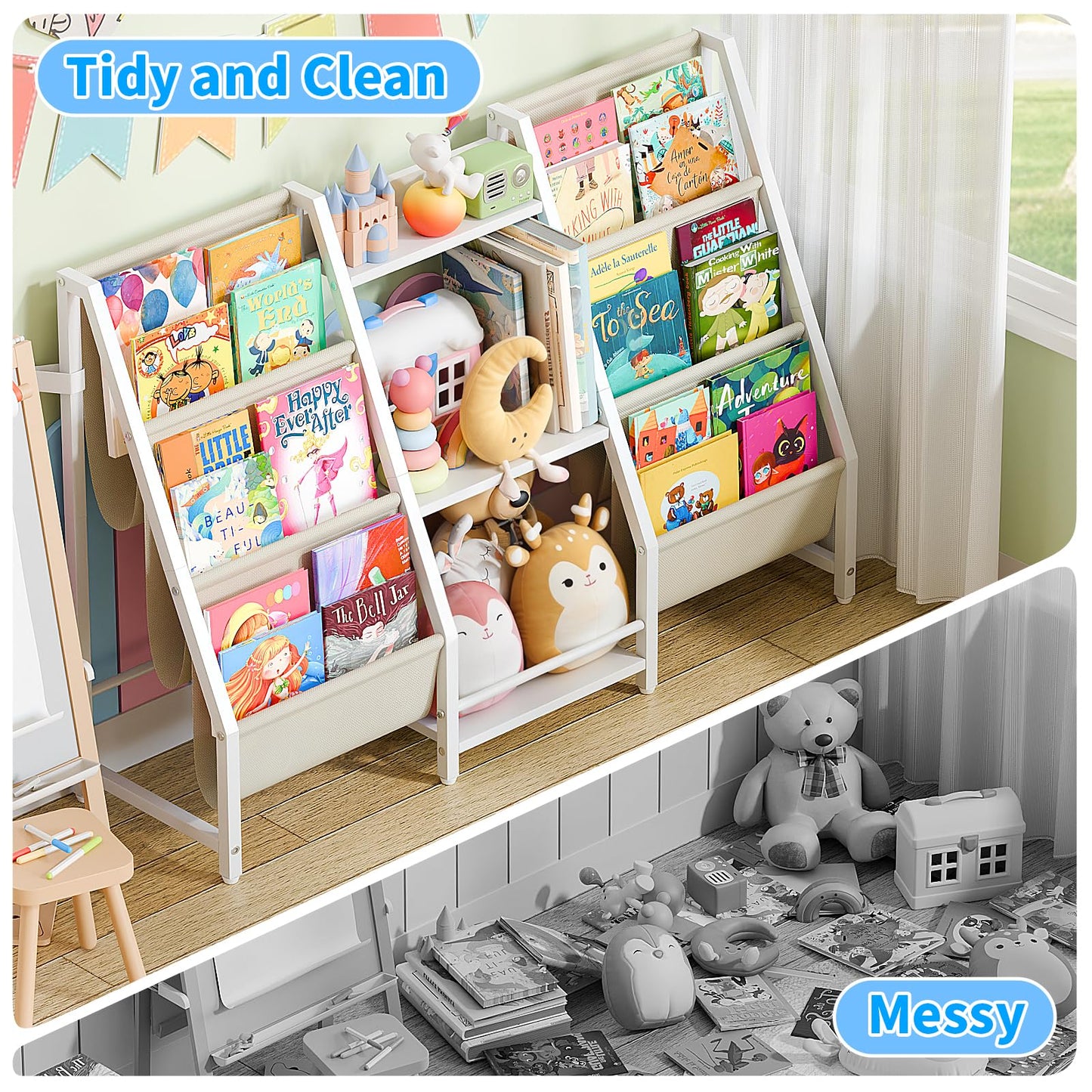 Kids Bookshelf Toy Storage Organizer - Book Shelf for Kids Rooms, 2 Sides Children Bookcase with 3 Tired Toy Storage Organizer, White Toddler Baby Bookshelf Book Shelves for Bedroom Nursery Playroom