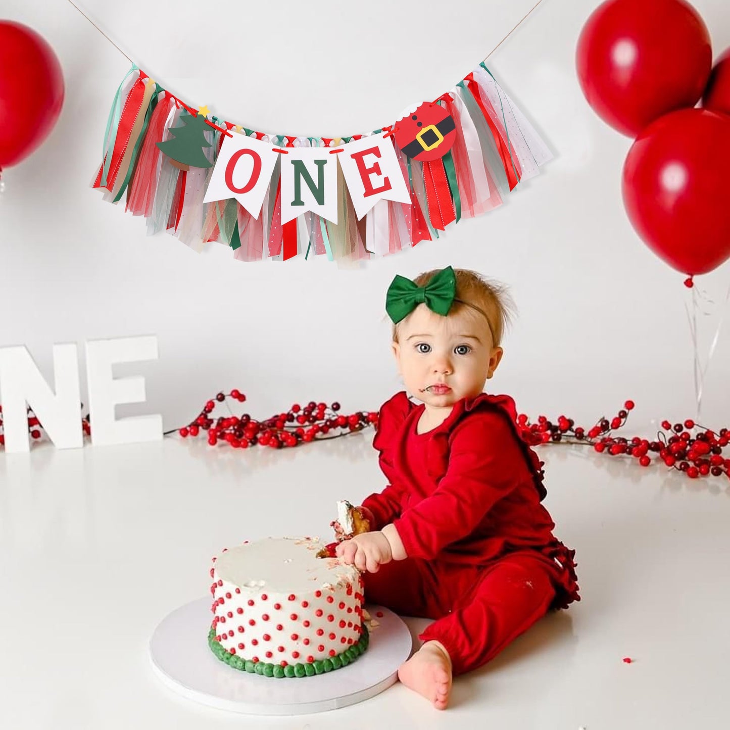 Christmas 1st Birthday High Chair Banner - My First Christmas Highchair Banner, Best Christmas Tree One Birthday Party Supplies, Santa Party Decorations for Baby, Holiday Cake Smash Photo Props