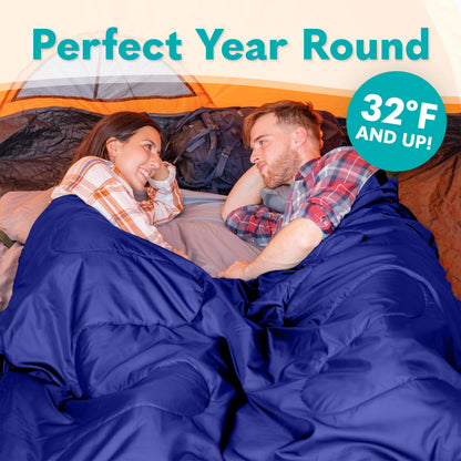 Double Sleeping Bags for Adults – Waterproof Queen-Size 2 Person Sleeping Bag with Pillows for Camping, Backpacking, Hiking, or Truck Use – Warm, Lightweight, and Convertible into Two Singles – Blue