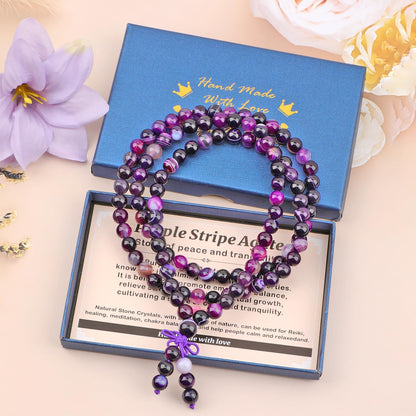AD Beads 8mm 108 Prayer Mala Purple Stripe Agate Elastic Bracelet - Peace and Tranquility - Handmade Yoga Meditation Healing Power Energy Gifts for Unisex Adult.