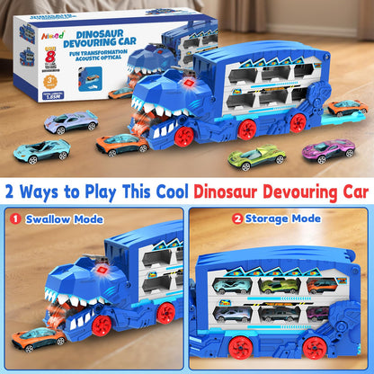 Dinosaur Transport Car Race Track Toy Set for Kids - Monster Carrier Truck Toys for Age 3 4 5 6 7 8 9 10 11 12 Years Old Boy Christmas Birthday Gifts with Die-Cast Metal Toy Cars, Light & Sound