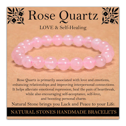 Handmade Natural Gemstone Elastic Bracelet - Healing Crystal Beads Jewelry, Unisex (Rose Quartz, 8mm)
