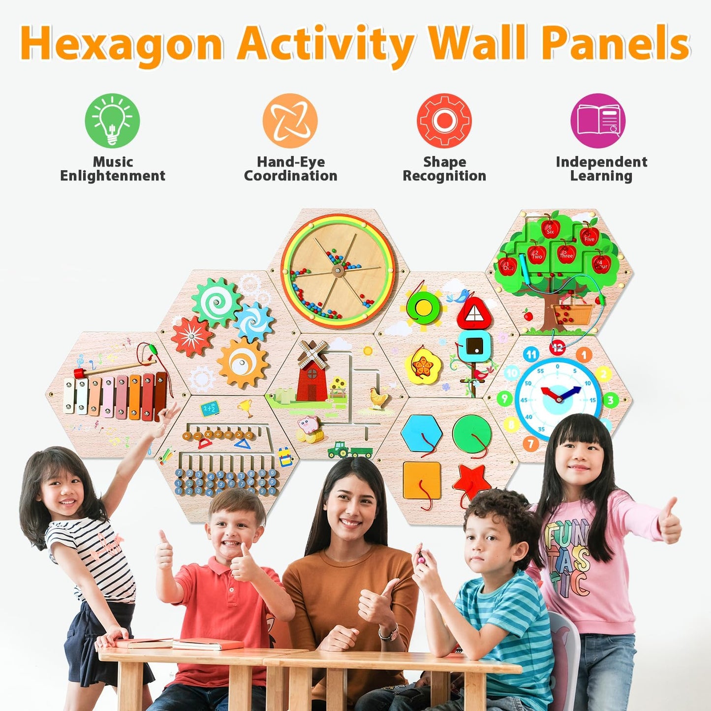 9Pcs Hexagon Activity Wall Busy Board Panels, Wooden Sensory Wall Panel for Kids, Montessori Learning Activity Center, Educational Toys for Toddler Playroom Daycare Nursery Classroom Birthday Gifts