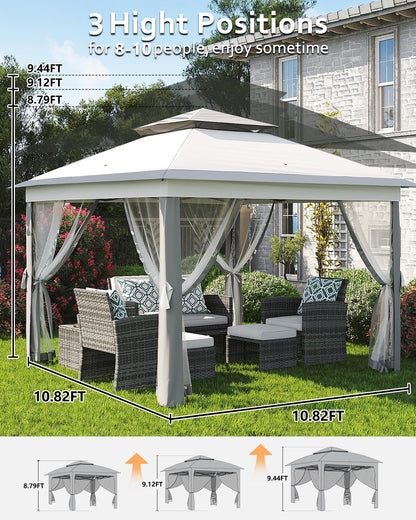 Garveelife 11x11 Pop Up Gazebo Tent with Mosquito Netting, Outdoor Canopy Shelter Easy Setup, Water & UV Resistant - Grey