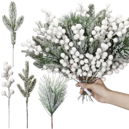 Lyrow 80 Pieces Christmas Snowy Pine Tree Picks Artificial Berry Stems Sprays Faux Cedar Pine Needles Branches for Holiday Arrangement Wreath DIY Garland Holiday Decor Winter Greenery (White)