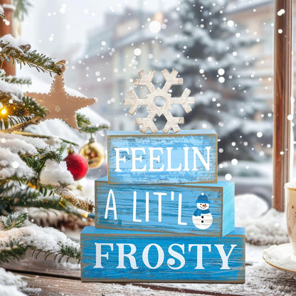 Yuntau 4 Pcs Winter Wooden Tabletop Decor Christmas Snowflake Tiered Tray Decor Rustic Wood Block Sign Gift Winter Centerpiece for Shelf Office Farmhouse Table Frozen Birthday Party Decoration
