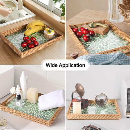 Tynulox Rectangle Rattan Tray with Mother of Pearl Inlay, Rattan Serving Tray with Handle for Coffee, Bread, Fruits, Snacks, Decorative Wicker Tray for Table Decor (Rectangle Green Leaf, 13"×9")