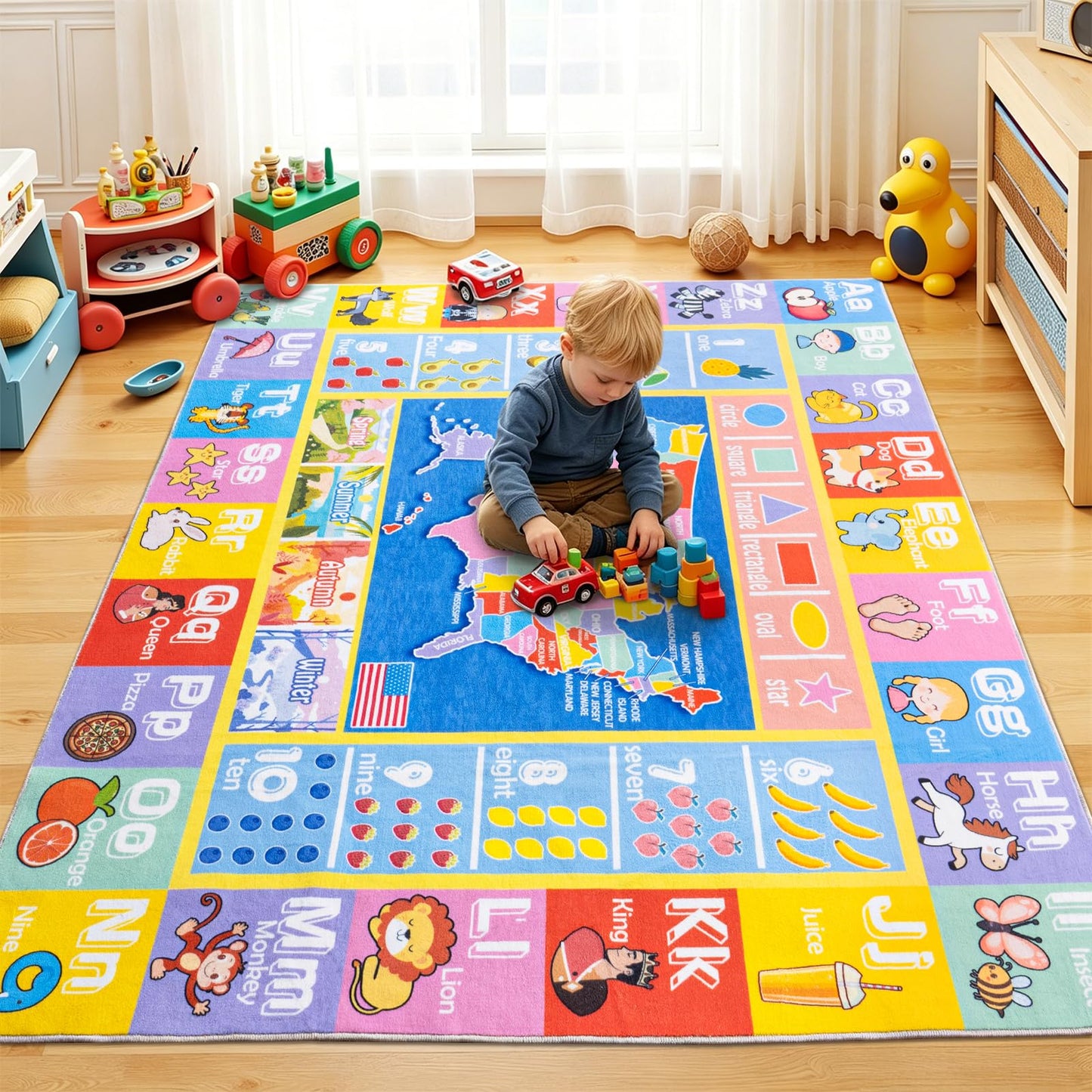 OHDS Kids Rugs for Playroom - Soft & Non-Slip 5x7 Feet Educational Rug for Learning ABC Alphabet, Numbers, Shapes & Map, Washable Classroom Rug for Toddler Nursery & Kids Room Decor