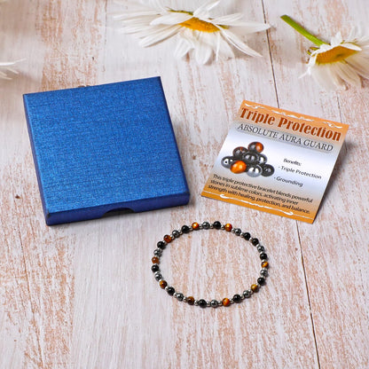 QOGIR Triple Protection - Onyx Hematite Tiger - Stainless Silver Beads Natural Gemstone Stretch Elastic Dainty Healing Beaded Bracelets Gifts 4mm
