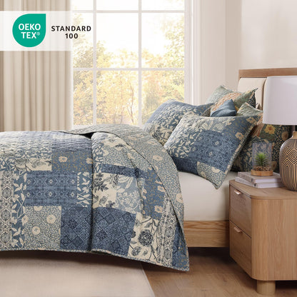 CASAAGUSTO Queen Quilt Set - 3 Pieces Patchwork Blue Quilt Bedding Set, Lightweight Queen Bedspread Coverlet, Reversible Floral Bed Cover for All Seasons (90"x94", 1 Quilt + 2 Pillow Shams)