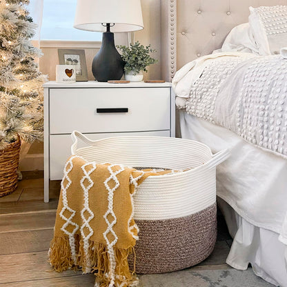 INDRESSME XXXLarge Blanket Basket for Living Room 21.7" x 21.7" x 13.8"-Storage Basket with Handle for Organizing Toy Pillows Woven Cotton Rope Laundry Basket Stuffed Animal Toy Storage for Play Room