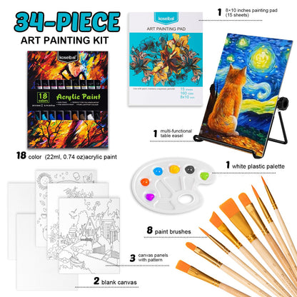 koseibal Acrylic Paint Set for Kids, Art Painting Supplies Kit with 18 Paints, 5 Canvas Panels, 8 Brushes, Table Easel, Etc, Premium Paint Set for Students, Artists and Beginner