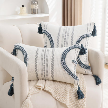 Boho Throw Pillow Covers 18x18 Set of 2 Cotton Woven Tufted Farmhouse Pillows Covers with Tassels Outdoor Neutral Navy Decorative Pillowcases Square Textured Accent Cushion Cases for Couch Bed Sofa