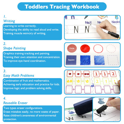 Handwriting Practice Tracing Books for Kids Ages 3-5, Montessori Preschool Learning Activity, Autism Educational Learn Number Letters Shapes Animal & Sight Words Workbook with 8 Dry Erase Markers